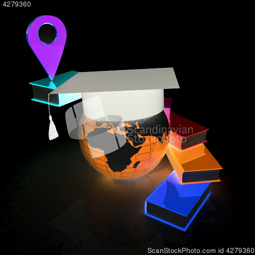 Image of Books around the Earth and pointer. Education and navigation con