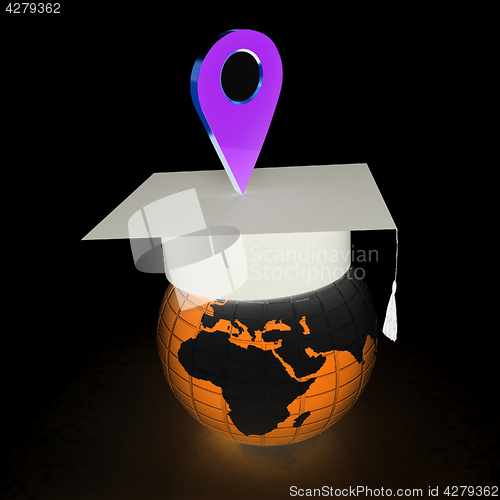 Image of Geo pin with graduation hat on white. School sign, geolocation a