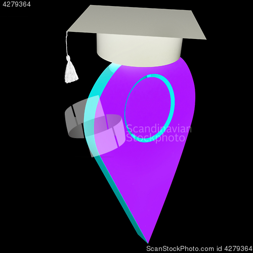 Image of Geo pin with graduation hat on white. School sign, geolocation a