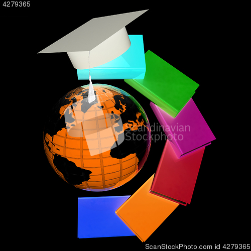 Image of Earth of education with books around and graduation hat. Global 