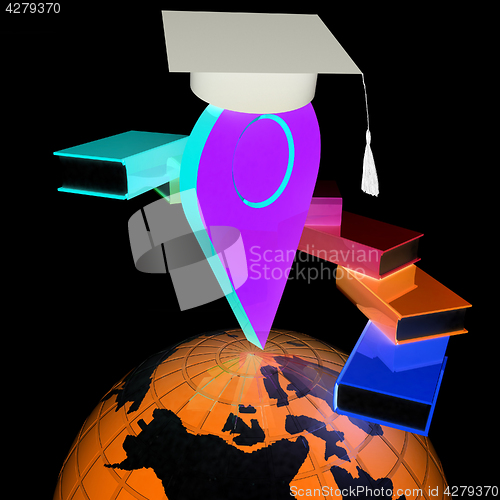 Image of Pointer of education in graduation hat with books around and Ear