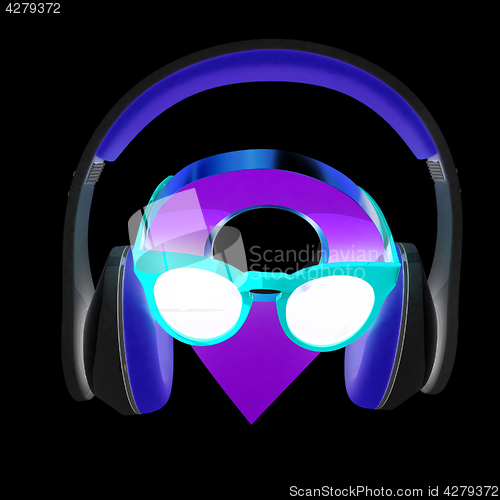 Image of Glamour map pointer in sunglasses and headphones. 3d illustratio