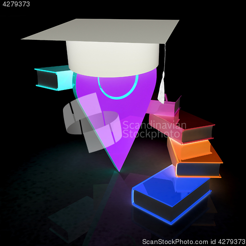 Image of Pointer of education in graduation hat with books around. 3d ill