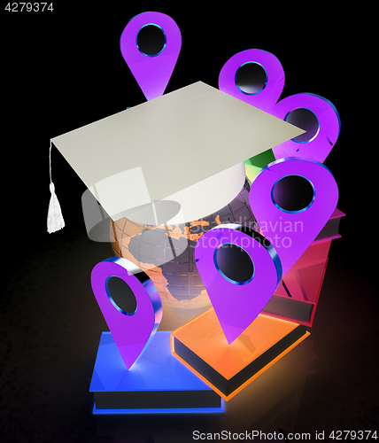 Image of Books around the Earth and pointer. Education and navigation con