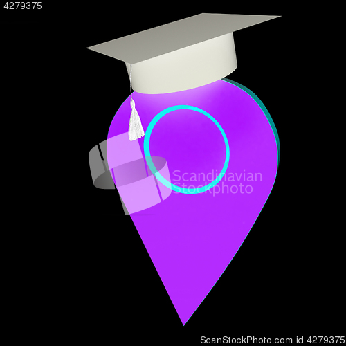 Image of Geo pin with graduation hat on white. School sign, geolocation a