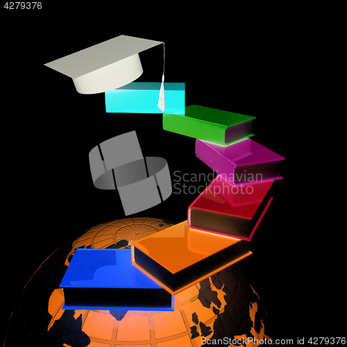 Image of Earth of education with books around and graduation hat. Global 
