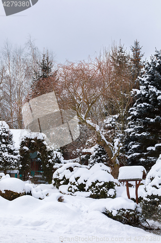 Image of beautiful winter garden covered by snow