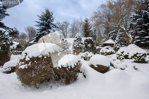 Image of beautiful winter garden covered by snow