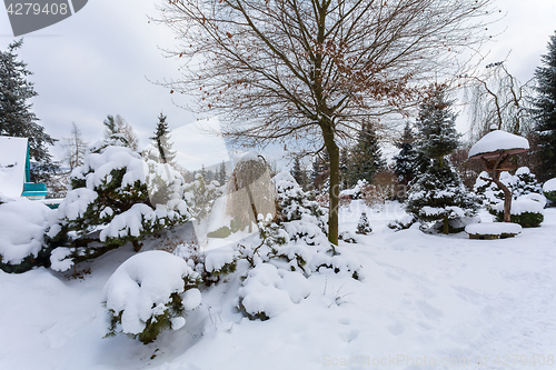 Image of beautiful winter garden covered by snow