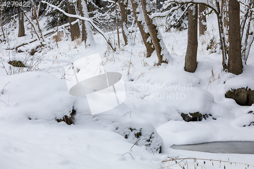 Image of winter landscape with creek covered by snow