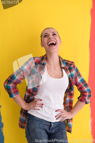 Image of young woman over color background