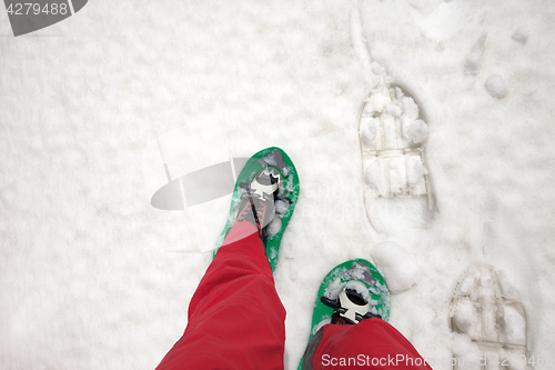 Image of Hiker in snowshoes on snow