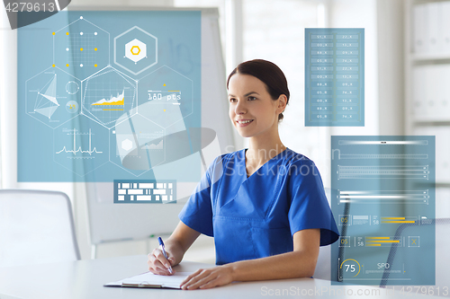 Image of happy doctor or nurse with clipboard at hospital