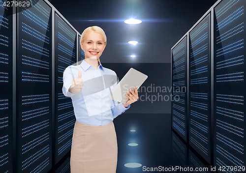 Image of businesswoman with tablet pc over server room