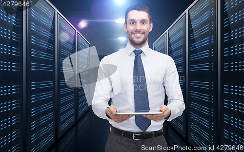 Image of businessman with tablet pc over server room