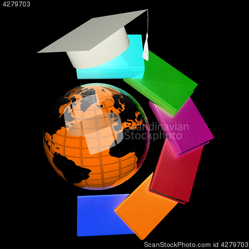 Image of Earth of education with books around and graduation hat. Global 