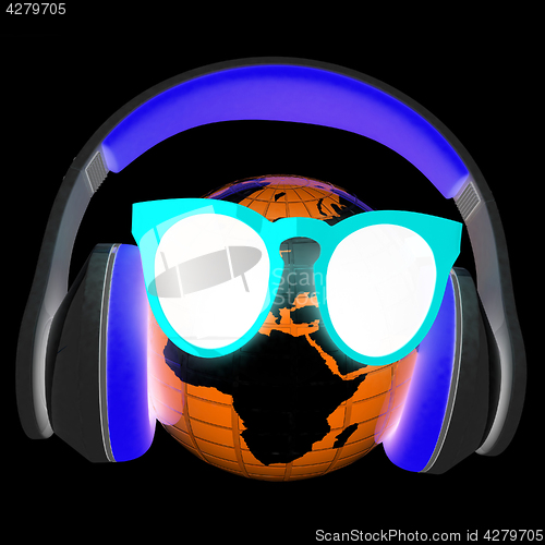 Image of Earth planet with earphones and sunglasses. 3d illustration
