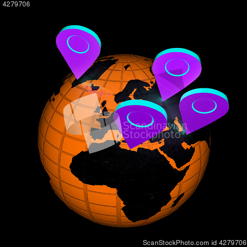 Image of Planet Earth and map pins icon. Earth globe and colorful map lab