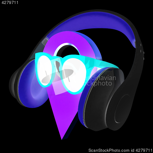 Image of Glamour map pointer in sunglasses and headphones. 3d illustratio