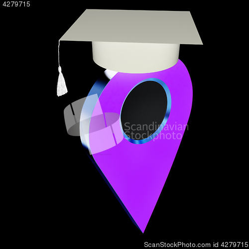 Image of Geo pin with graduation hat on white. School sign, geolocation a