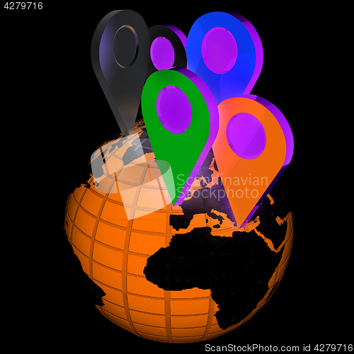 Image of Planet Earth and map pins icon. Earth globe and colorful map lab