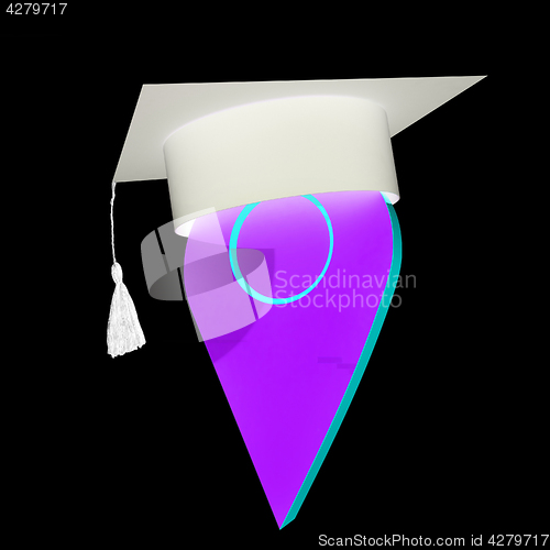 Image of Geo pin with graduation hat on white. School sign, geolocation a