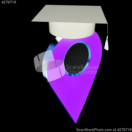 Image of Geo pin with graduation hat on white. School sign, geolocation a