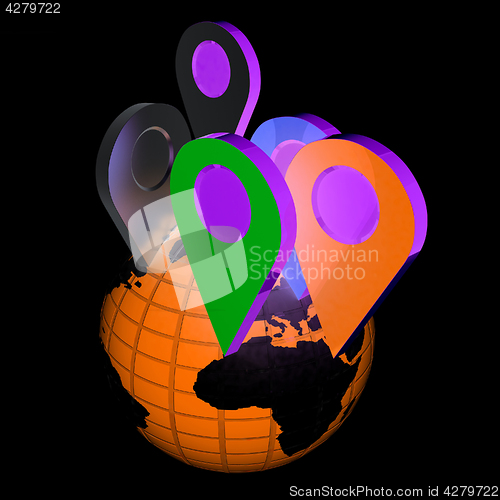 Image of Planet Earth and map pins icon. Earth globe and colorful map lab