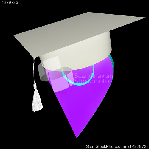 Image of Geo pin with graduation hat on white. School sign, geolocation a