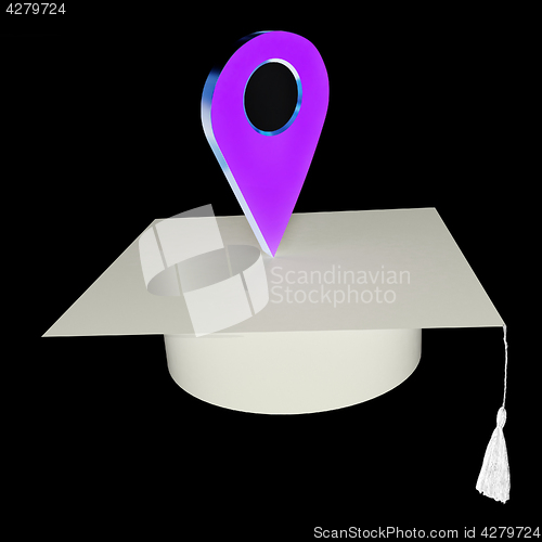 Image of Geo pin with graduation hat on white. School sign, geolocation a