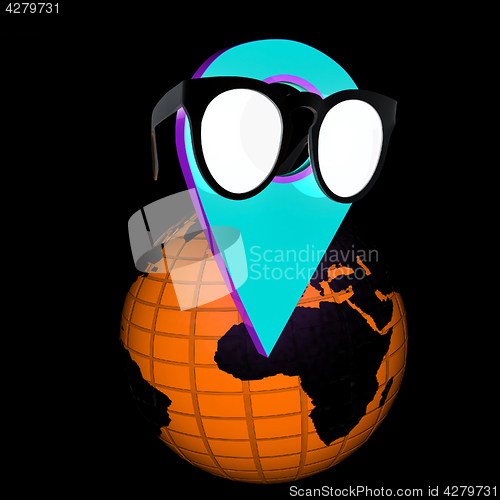 Image of Glamour map pointer in sunglasses on Earth. 3d illustration