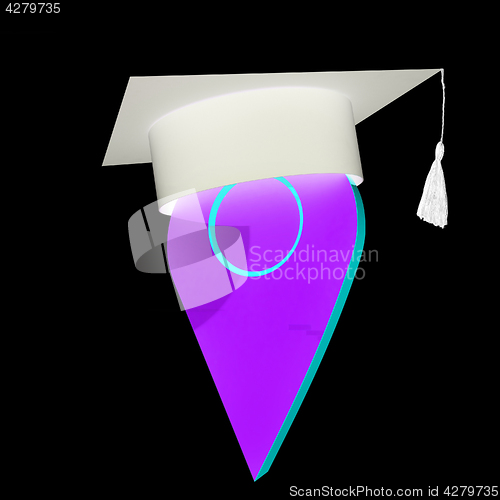 Image of Geo pin with graduation hat on white. School sign, geolocation a