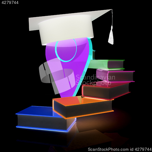 Image of Pointer of education in graduation hat with books around. 3d ill