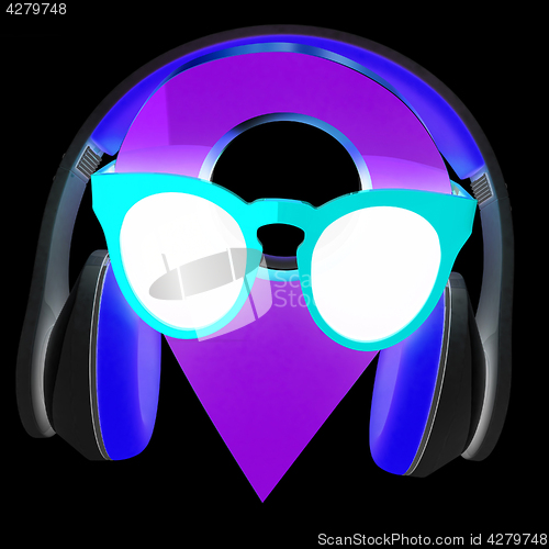 Image of Glamour map pointer in sunglasses and headphones. 3d illustratio