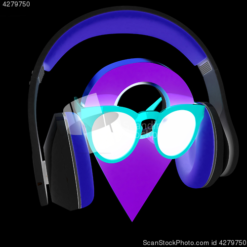 Image of Glamour map pointer in sunglasses and headphones. 3d illustratio