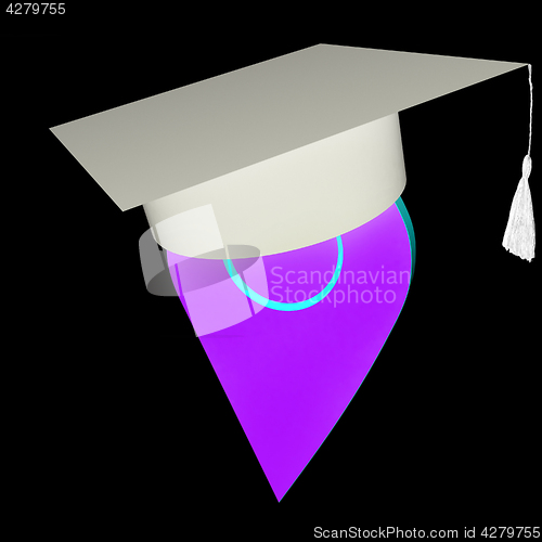 Image of Geo pin with graduation hat on white. School sign, geolocation a