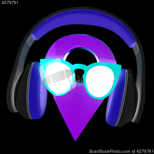 Image of Glamour map pointer in sunglasses and headphones. 3d illustratio