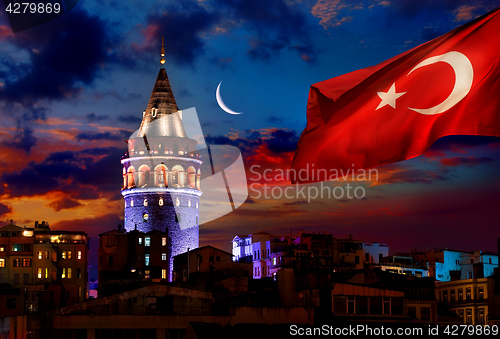 Image of Flag and Galata Tower 