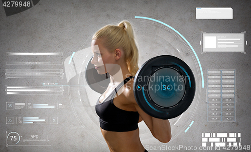 Image of young sporty woman exercising with barbell