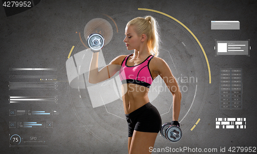 Image of happy young sporty woman exercising with dumbbells