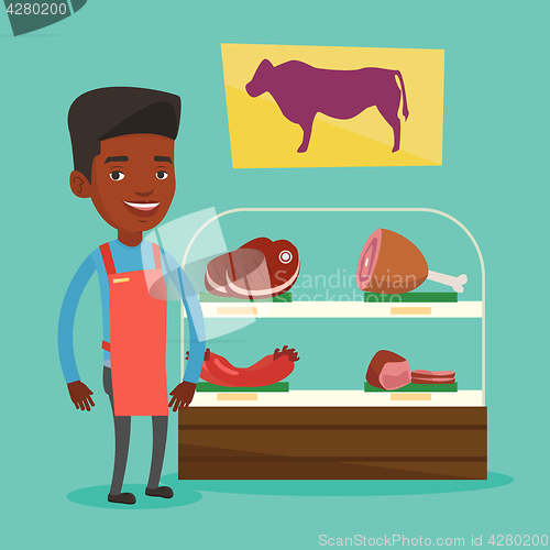 Image of Butcher offering fresh meat in butchershop.