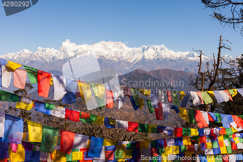 Image of Kanchenjunga Mountain and prayer flags