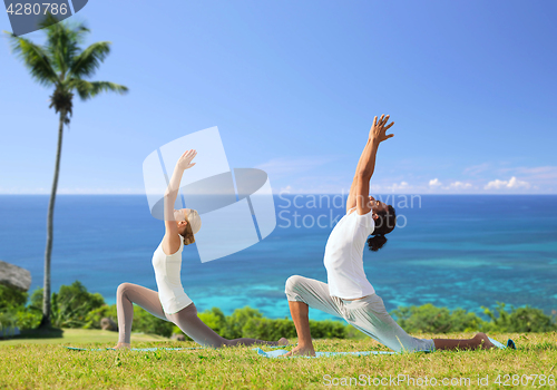 Image of couple making yoga in low lunge pose outdoors