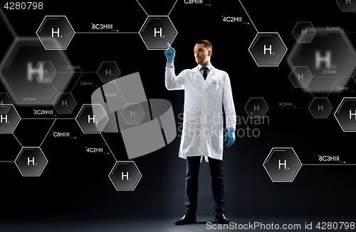 Image of scientist with virtual chemical formula projection