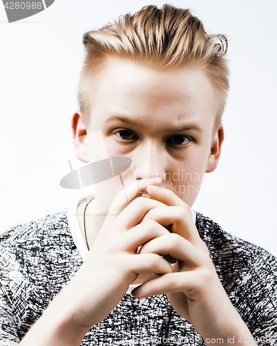 Image of young handsome teenage hipster guy posing emotional, happy smiling against white background isolated, lifestyle people concept