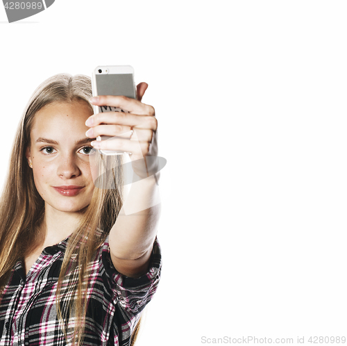 Image of cute teenage girls making selfie isolated