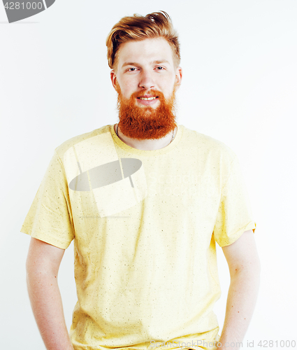 Image of portrait of young bearded hipster guy smiling on white background close up isolated, lifestyle real modern people concept