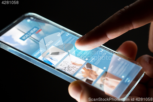 Image of hands with business web page on smartphone screen