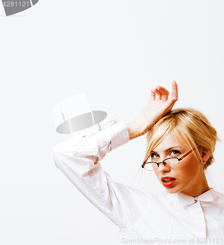 Image of very emotional businesswoman in glasses, blond hair on white bac