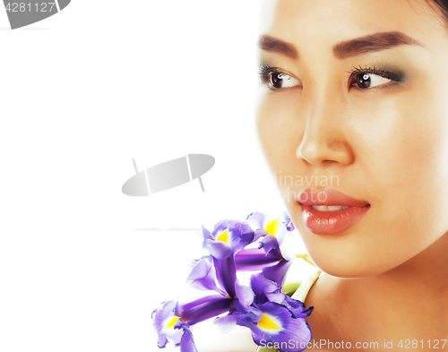 Image of young pretty asian woman with flower orchid close up isolated sp